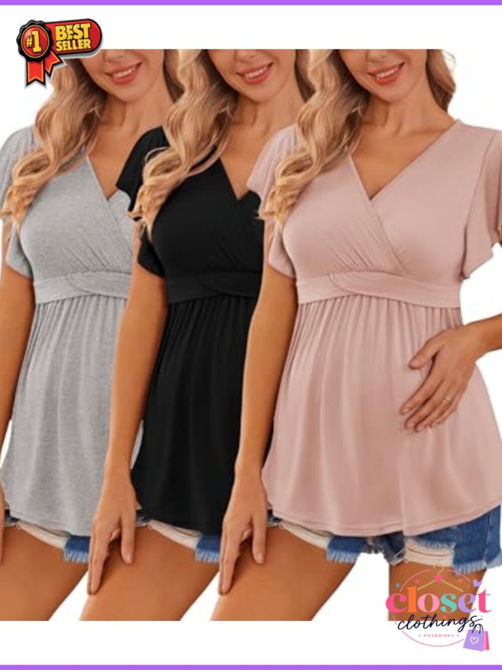Ekouaer Maternity Nursing Tops 3 Pack V-Neck Short Sleeve Pull Down